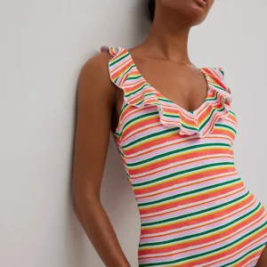 Costume intero con volant stampato a righe in micropiqué