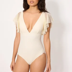 Costume da bagno traforato avorio con scollatura profonda, coppa B