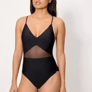 Costume da bagno nero con tulle trasparente e glitter nero, coppa B