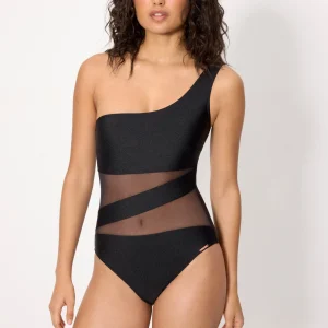 Costume da bagno nero asimmetrico con tulle trasparente e glitter nero, coppa B