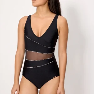 Costume da bagno modellante nero con tulle trasparente e glitter nero, coppa B