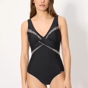 Costume da bagno snellente con stampa glitter nera, coppa B