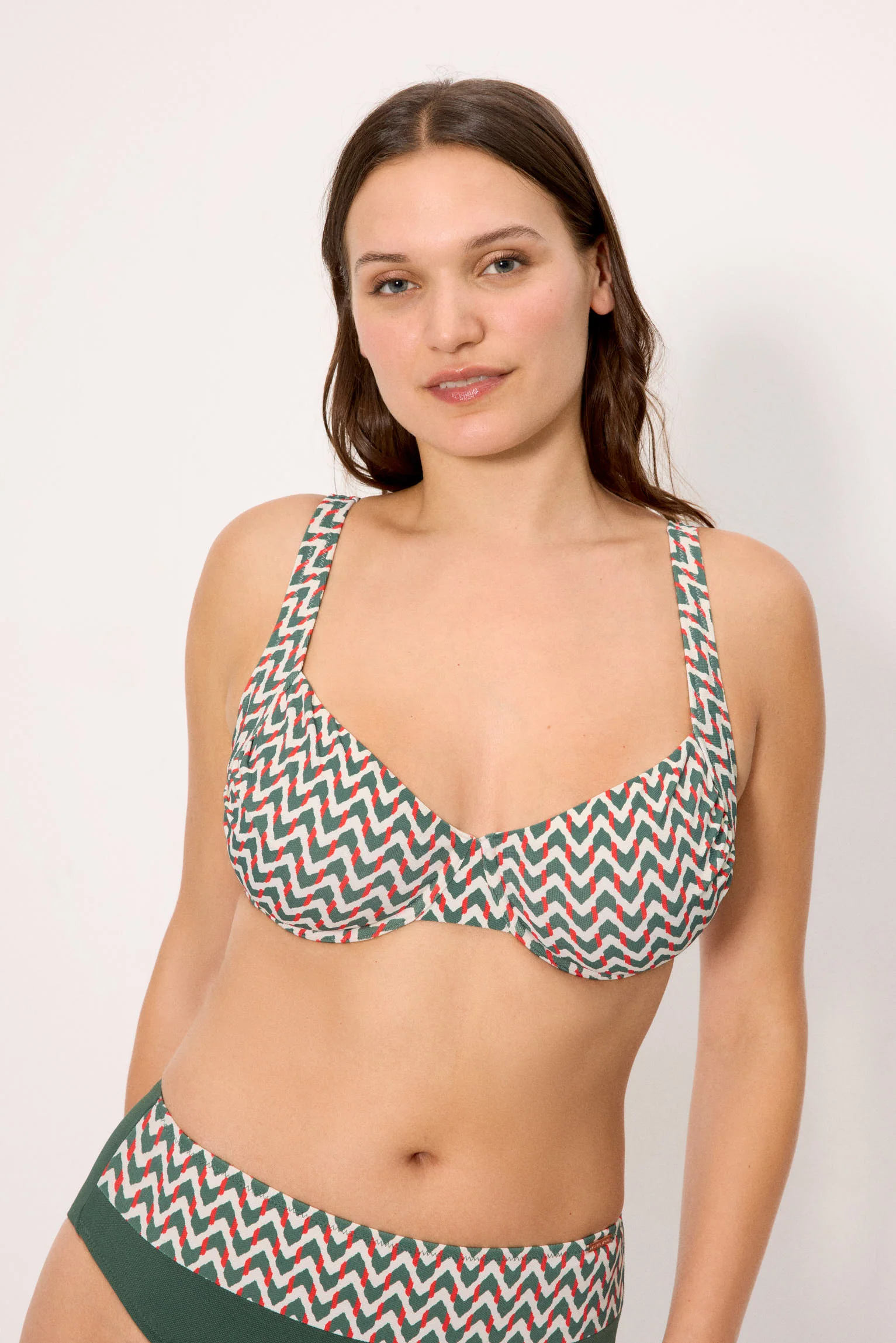 Reggiseno bikini snellente in micropiqué con stampa verde bottiglia, coppe E e F