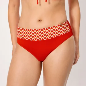 Slip bikini snellente a vita alta in micropiqué con stampa corallo