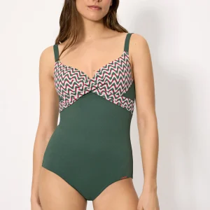 Costume da bagno modellante con ferretto, micropiqué stampato verde bottiglia, coppa B