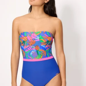 Costume da bagno snellente a fascia con stampa tropicale, coppa B