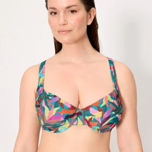 Top bikini snellente con stampa a foglie, coppe D ed E