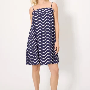 Abito corto e dritto con spalline regolabili e stampa a onde blu navy.