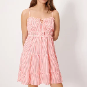 Abito corto con spalline, pannelli, tessuto di mussola a righe rosa