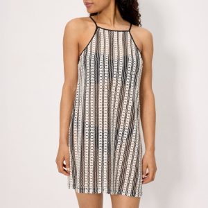 Abito corto traforato con spalline a righe