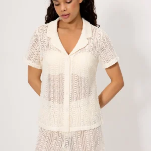 Camicia a maniche corte beige traforata