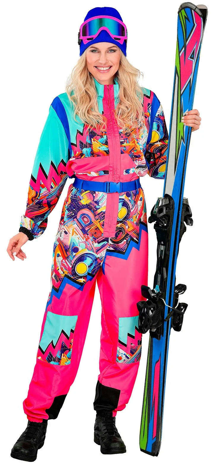Costume da Sciatore Rosa e Blu Neon per Adulto - immagine 3