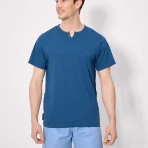 Maglietta basic a maniche corte con colletto henley, blu