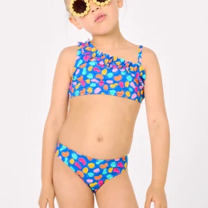 Bikini da bambina con dettagli arricciati e stampa di forme organiche multicolori