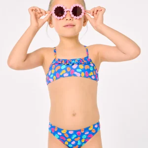 Bikini da bambina con dettagli a balze, stampa di forme organiche multicolori