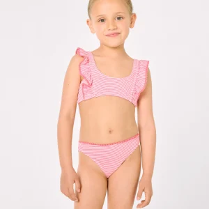 Bikini da bambina con volant e stampa a righe
