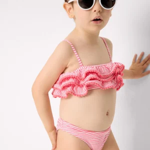 Bikini da bambina con triplo volant e stampa a righe