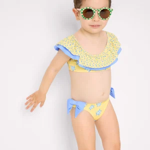 Bikini da bambina con volant e fiocchi, stampa tartaruga
