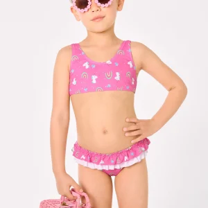 Bikini da bambina con volant e fiocco, stampa unicorno