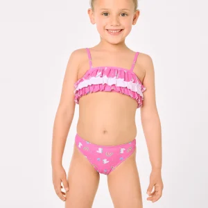Bikini da bambina con volant stampato con unicorno