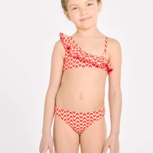 Bikini asimmetrico per bambine con dettaglio volant con stampa etnica