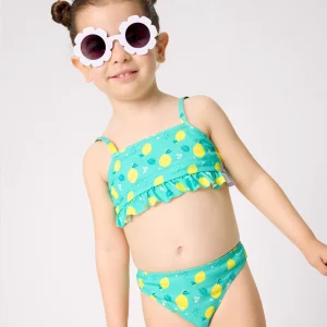 Bikini da bambina con volant stampato a limone
