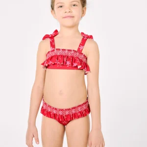 Bikini da bambina con dettagli a balze e motivo a nido d'ape di stelle marine