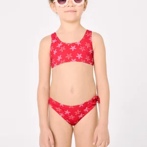 Bikini da bambina con dettagli a balze e fiocchi, stampa a stelle marine