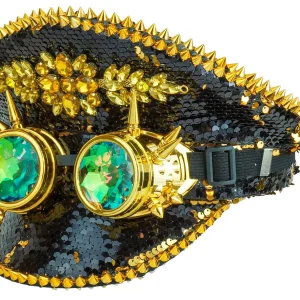 Cappello con Paillettes Nere e Dorate e Occhiali Steampunk