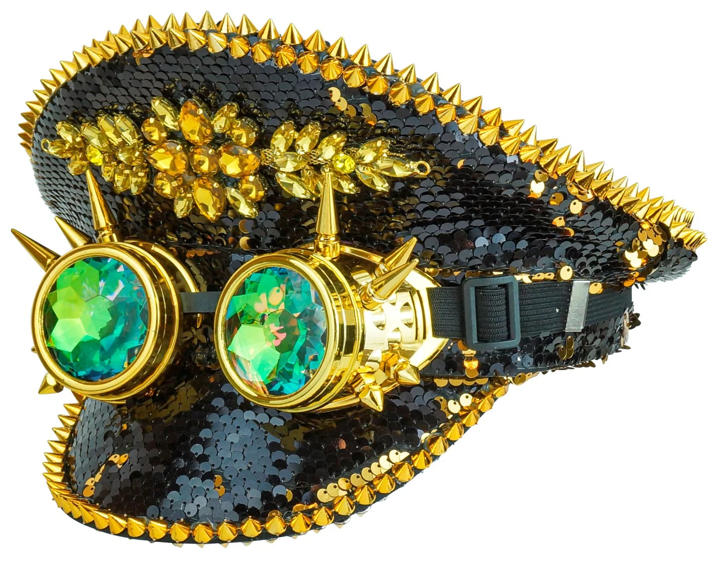 Cappello con Paillettes Nere e Dorate e Occhiali Steampunk - immagine 2