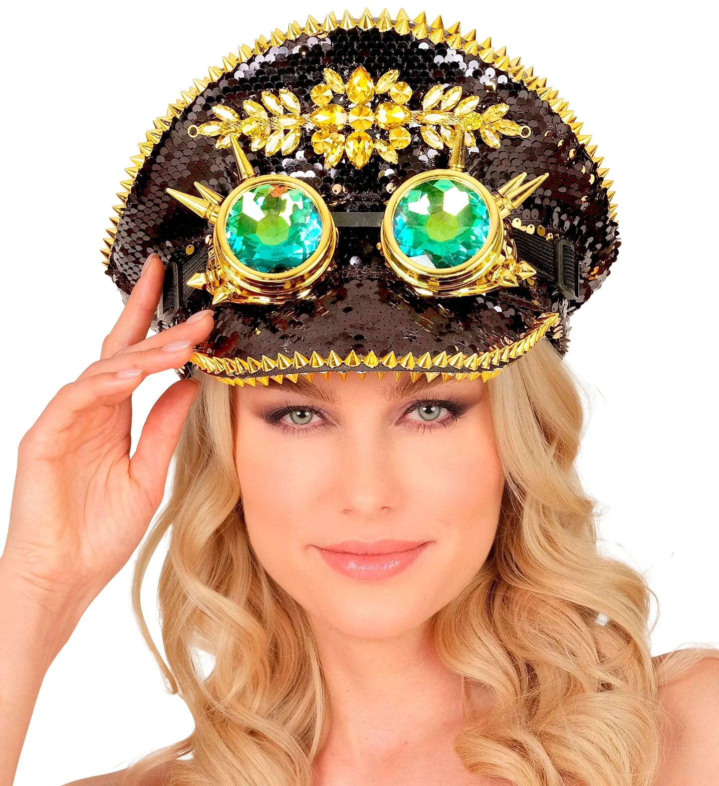 Cappello con Paillettes Nere e Dorate e Occhiali Steampunk - immagine 5