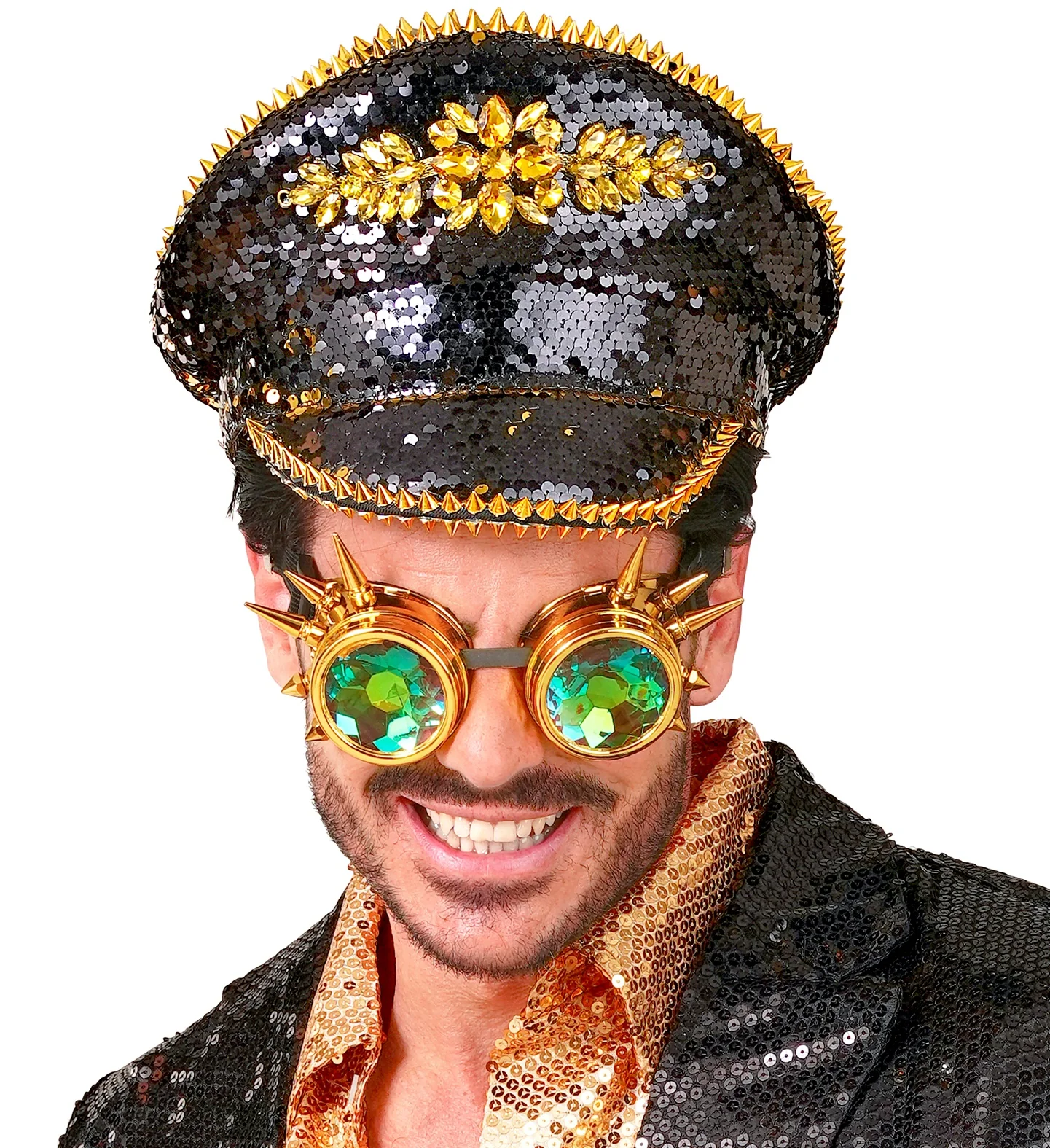 Cappello con Paillettes Nere e Dorate e Occhiali Steampunk - immagine 6