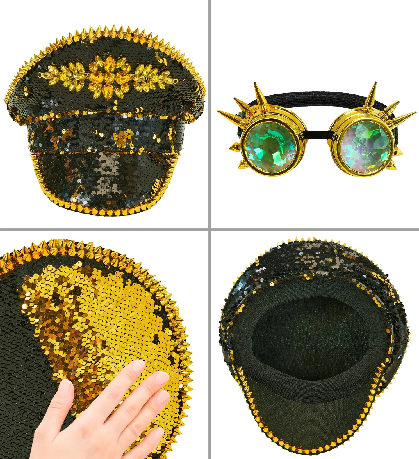 Cappello con Paillettes Nere e Dorate e Occhiali Steampunk - immagine 7