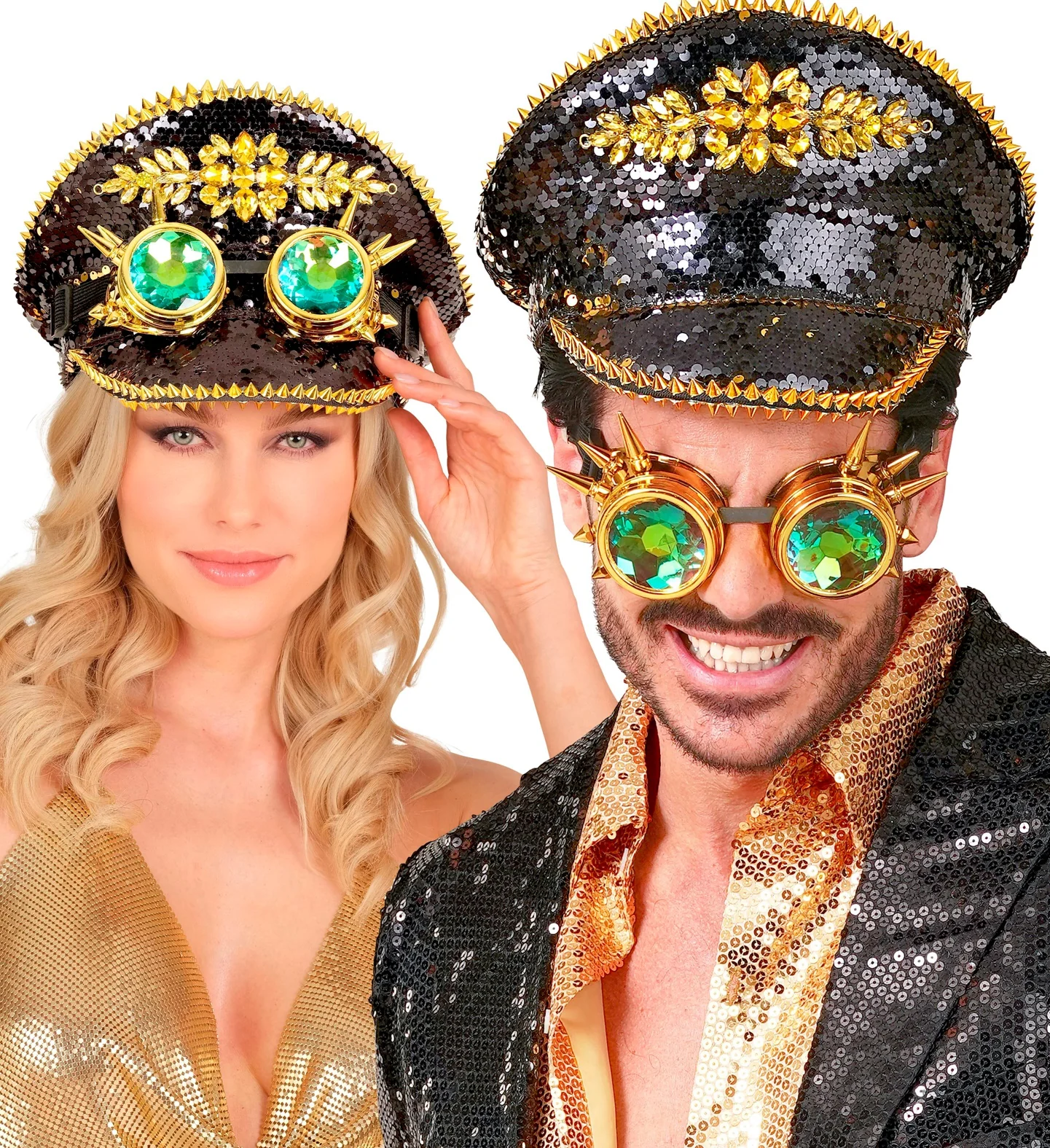 Cappello con Paillettes Nere e Dorate e Occhiali Steampunk - immagine 4