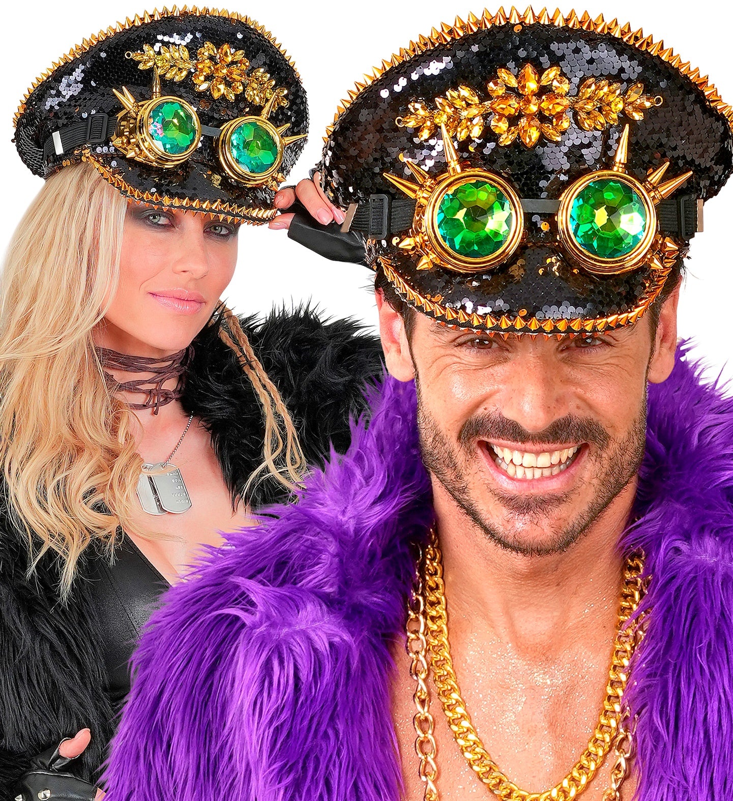 Cappello con Paillettes Nere e Dorate e Occhiali Steampunk - immagine 3