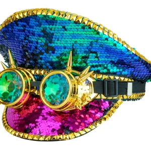 Cappello da Capitano Multicolore con Paillettes e Occhiali Steampunk