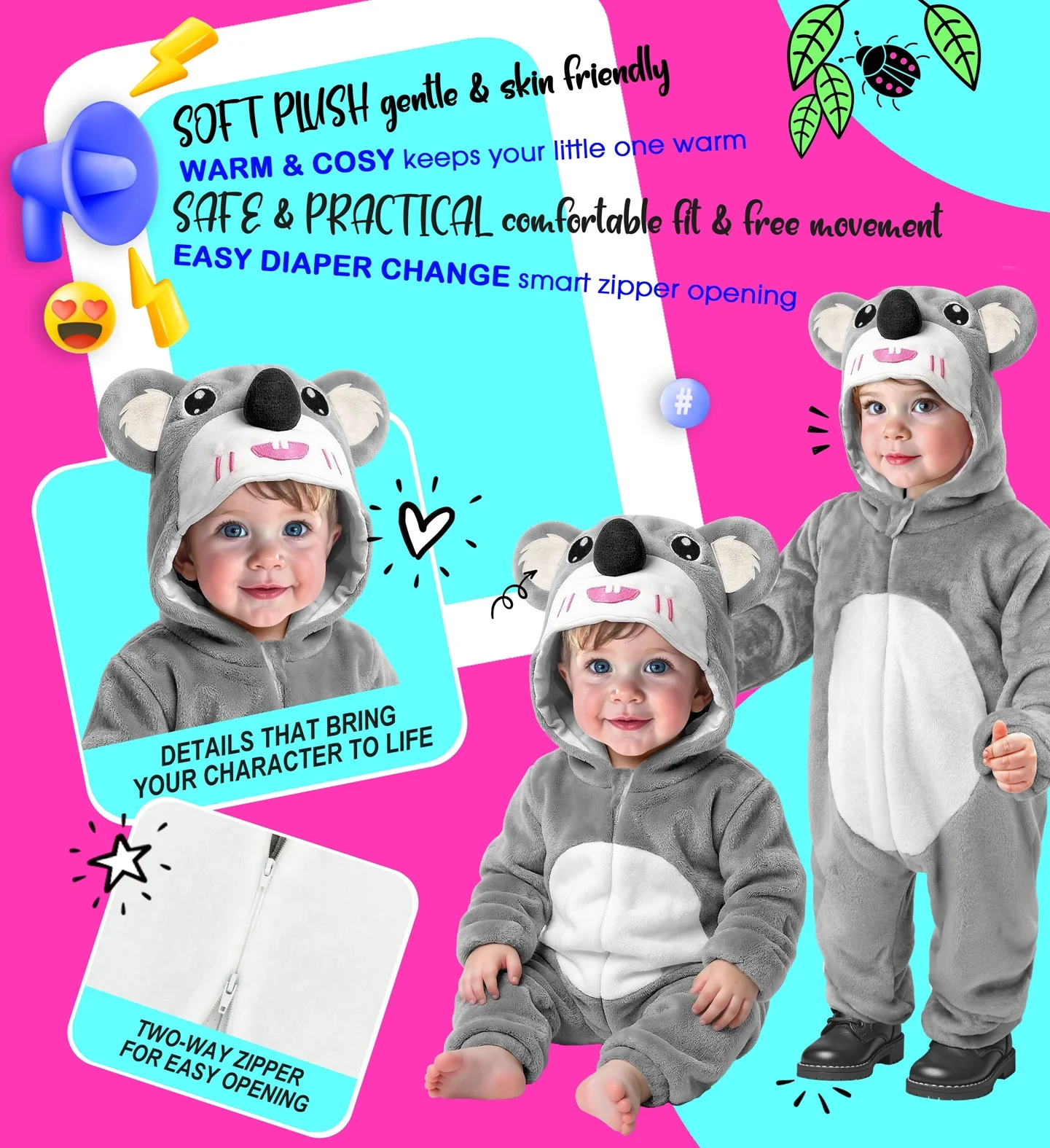 Costume di Koala di Peluche con Cappuccio per Bambino - immagine 4