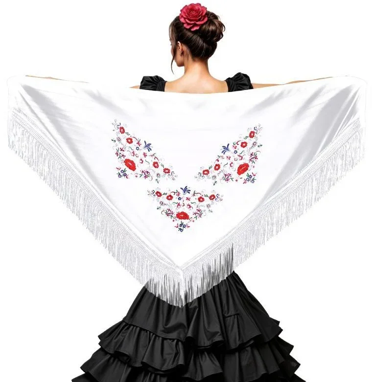 Mantón de Sevillana o Chulapa Bianco con Ricamo - immagine 3